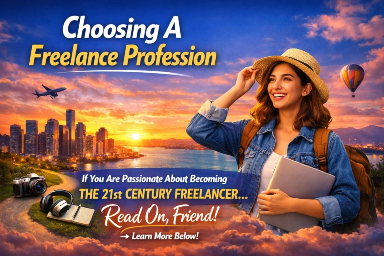 Smiling women with laptop at sunset city skyline — freelance profession concept.