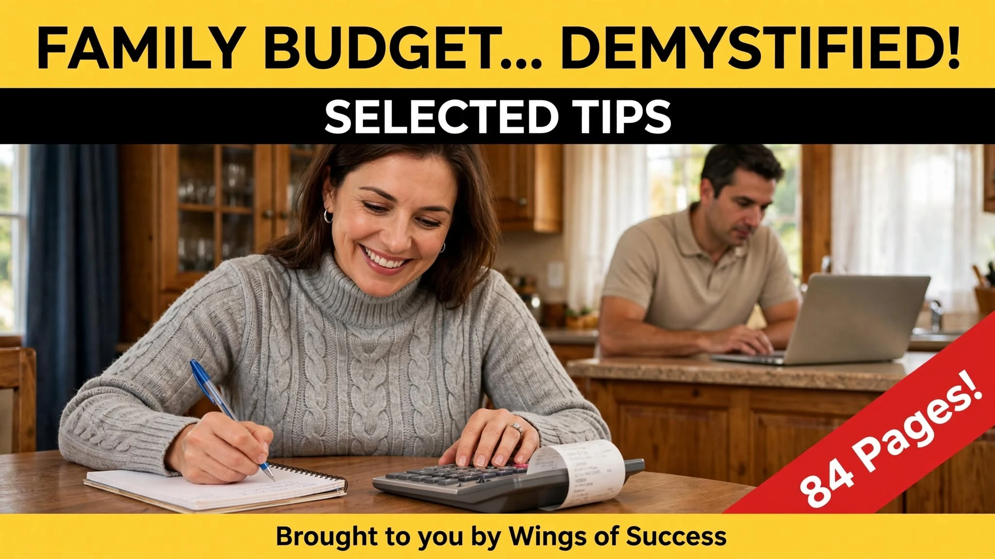 illustration of a happy family planning their budget together at a table, showing savings tips, shopping lists, and money management in a positive atmosphere