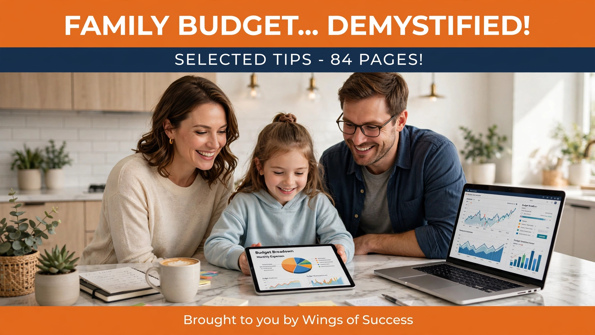 illustration of a happy family planning their budget together at a table, showing savings tips, shopping lists, and money management in a positive atmosphere
